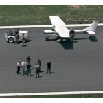 A two-seater Cessna 150 sits on the runway at Frederick Municipal Airport in Frederick, Md. The U.S. Capitol and White House were evacuated after the plane entered restricted airspace. Military jets scrambled to intercept the aircraft and fired warning flares. Two men in the aircraft were later taken into custody at the Maryland airport where the plane landed after a military escort.